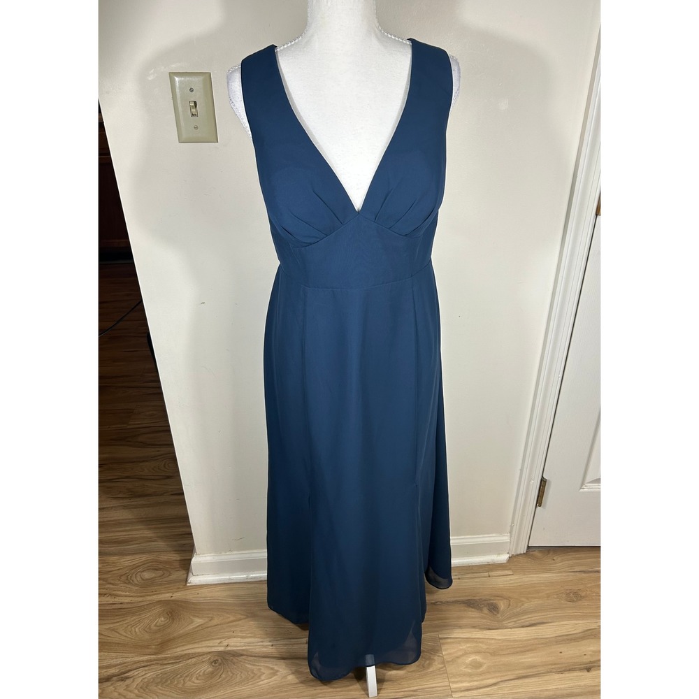 Azazie Maxi Dress Blue Bridesmaid Formal Gown V-Neck Tie Back Chiffon Custom‎ Sz